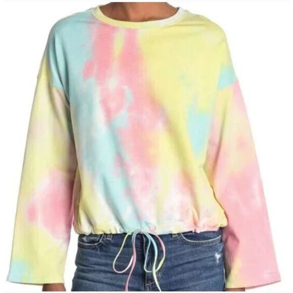 14th & Union Women's Tie Dye Drawstring Hem Shirt in Yellow Pink Combo Large - Picture 1 of 3